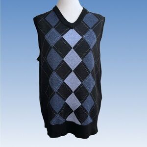 Stylish V-Neck Argyle Sweater Vest in Black and Blue size L